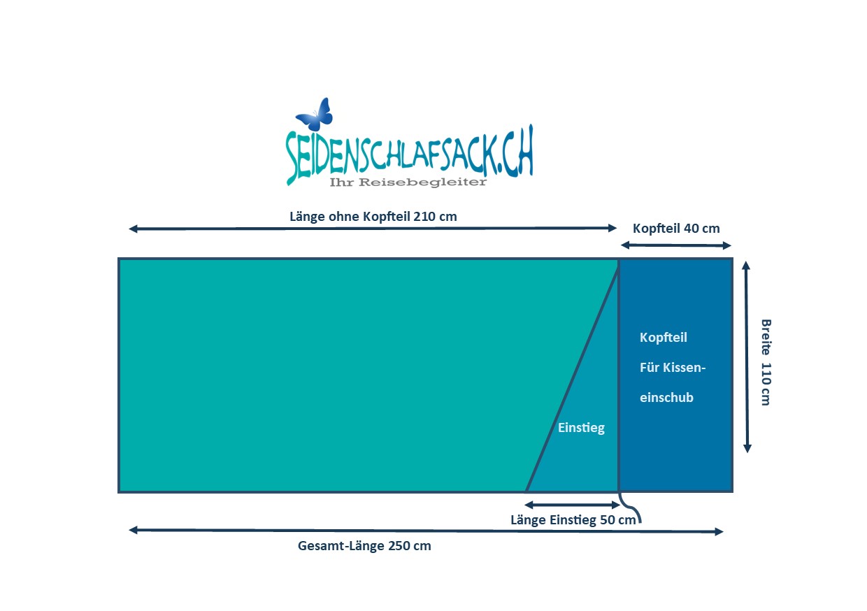 Abmessungen Seidenschlafsack 110 x 250 mit Kopfteil Braun