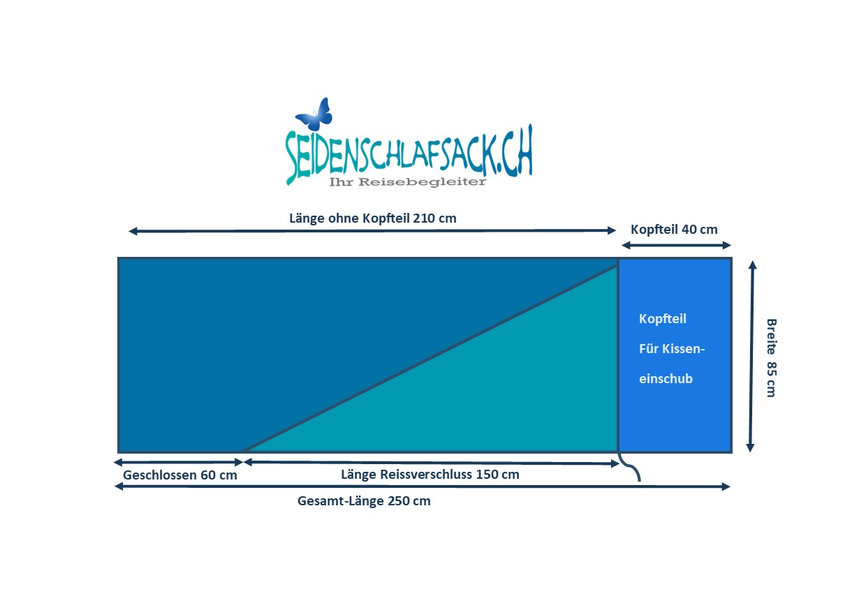 Abmessungen  Seidenschlafsack mit Reissverschluss zum Reisen in silbergrau, 85x250 cm, 100 % Seide